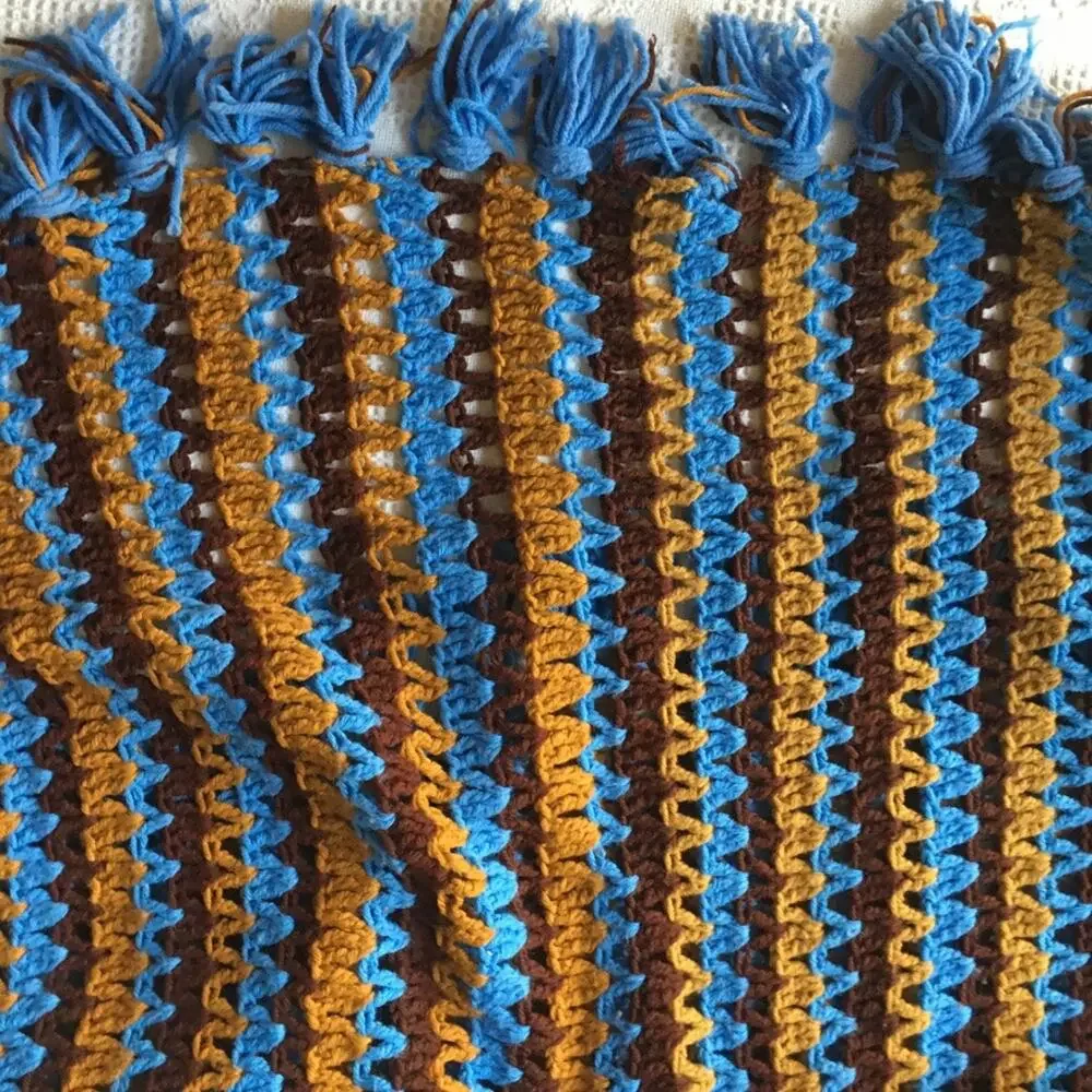 Vintage retro crocheted afghan, blanket - brown blue granny-core appr. 45